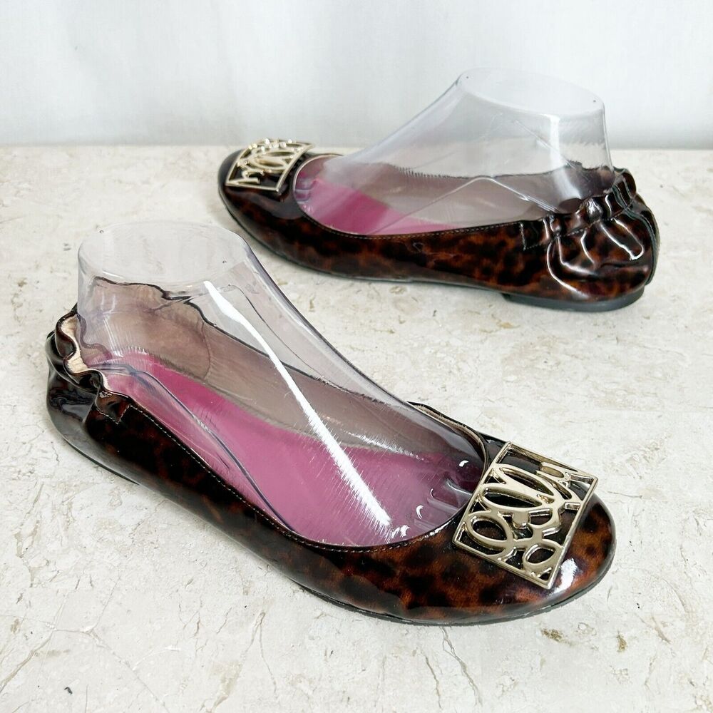 Lilly Pulitzer Logo Ballet Flats 8.5 Shoes Brown Shiny Leather Tortoise Pattern - Picture 2 of 10